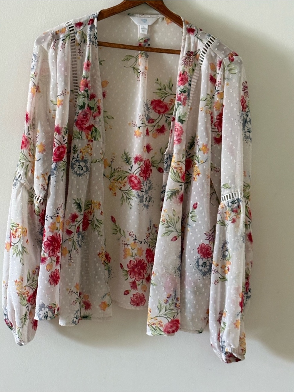 Floral Sheer Open Front Topper- Off White w/white polka dots and trim.